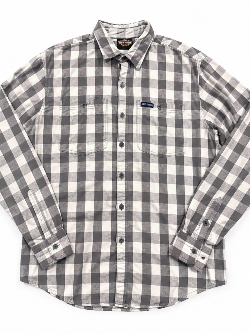 Harley-Davidson Gray White Buffalo Plaid Flannel Shirt Men’s XL Logo